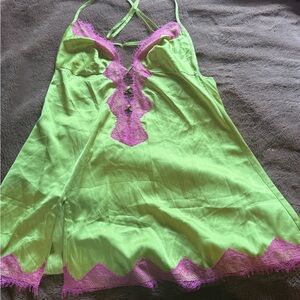 Vibrant Green Satin Chemise with Pink Lace Accents